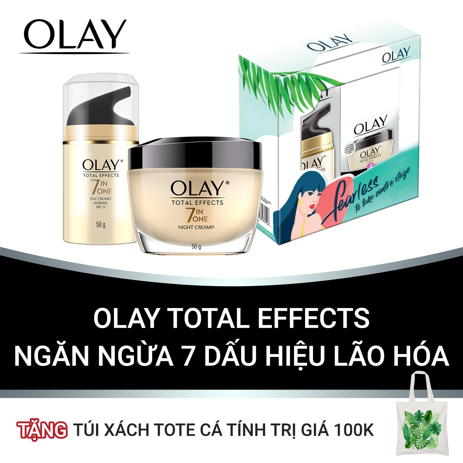 Combo Kem Dưỡng Olay Total Effects Ngăn Ngừa Và Bảo Vệ Da Khỏi 7 Dấu Hiệu Lão Hóa [Tặng Túi Xách Tote Cá Tính Trị Giá 100k]