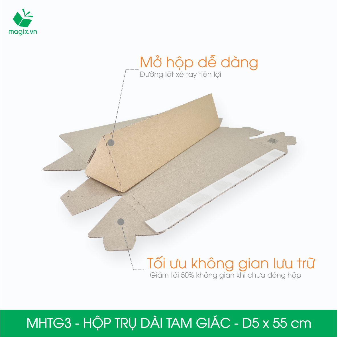 MHTG3 - D5x55 cm - 60 Hộp trụ dài tam giác thay thế ống giấy - Hộp carton đóng gói hàng