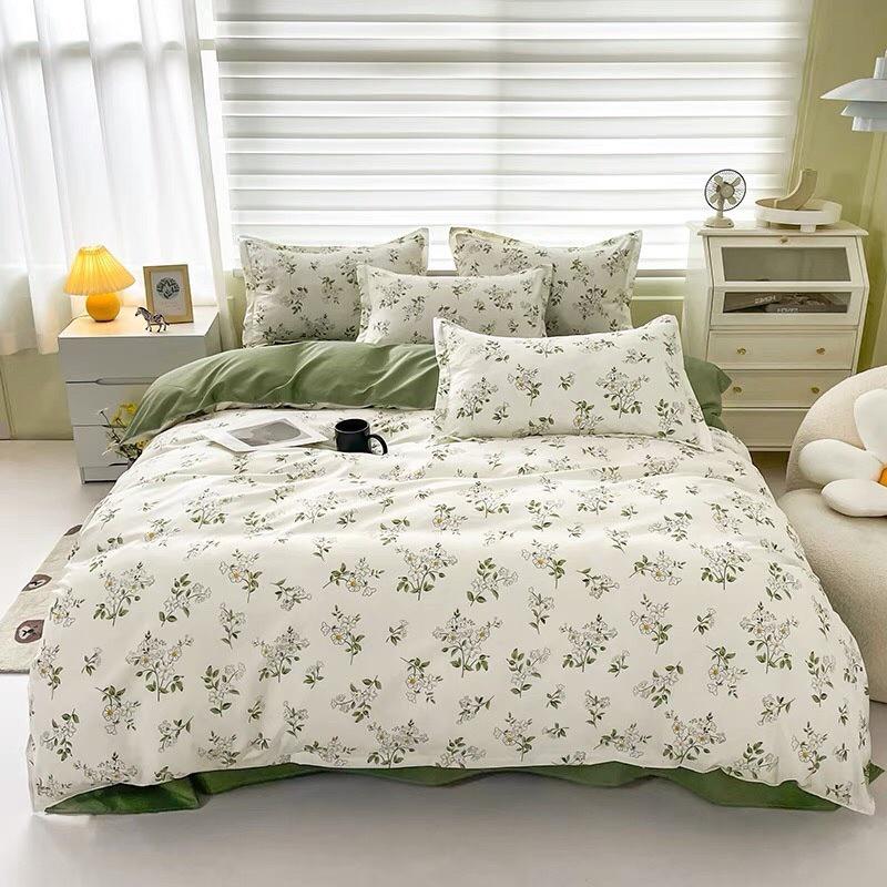 Bộ chăn ga gối cotton 3D hoa tím trending mềm mại thoáng mát bo chun miễn phí