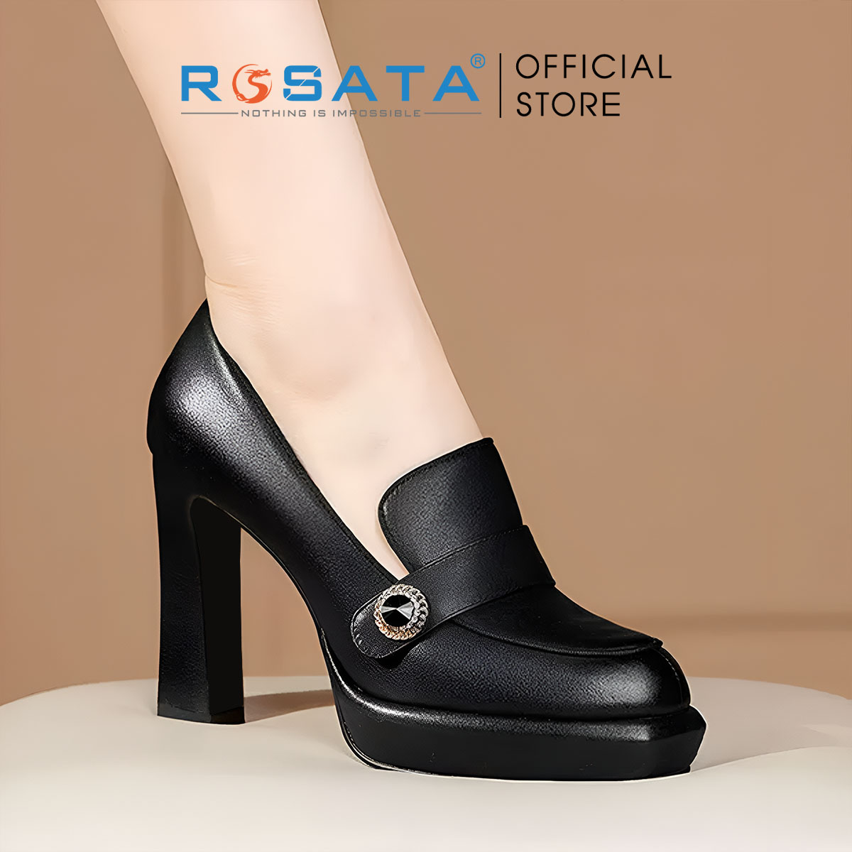 Giày nữ cao gót mũi vuông, da lì ROSATA RO625 - 9p - Đen, Trắng - HÀNG VIỆT NAM - BKSTORE
