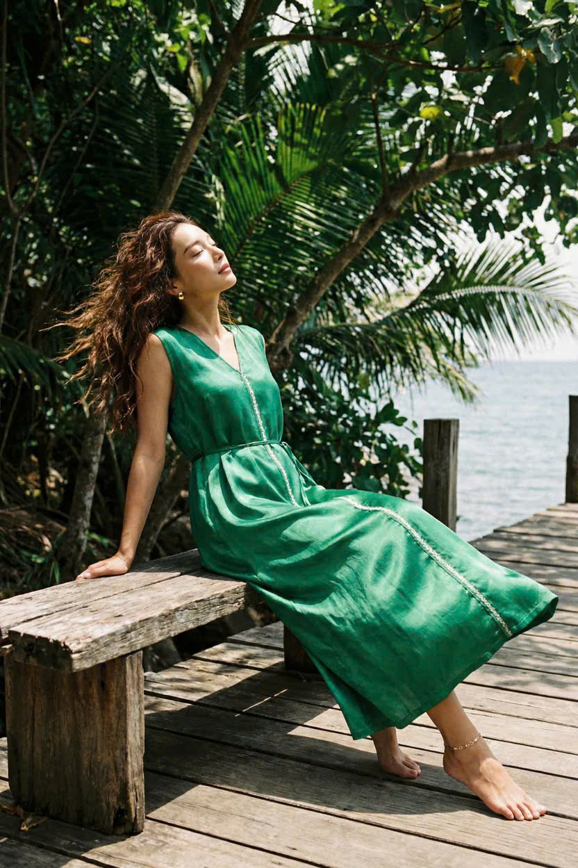 Đầm Maxi Lụa Tơ Tằm Thêu Tay Xanh Ngọc Phỉ Thuý DRE202 thời trang thiết kế Hity