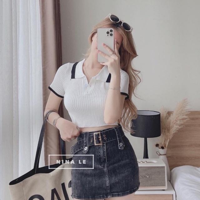 [L2M] Áo len Montoghi dệt kim CROPTOP DÁNG ÔM 2 MÀU cổ bẻ phối viền phối nút xinh xắn
