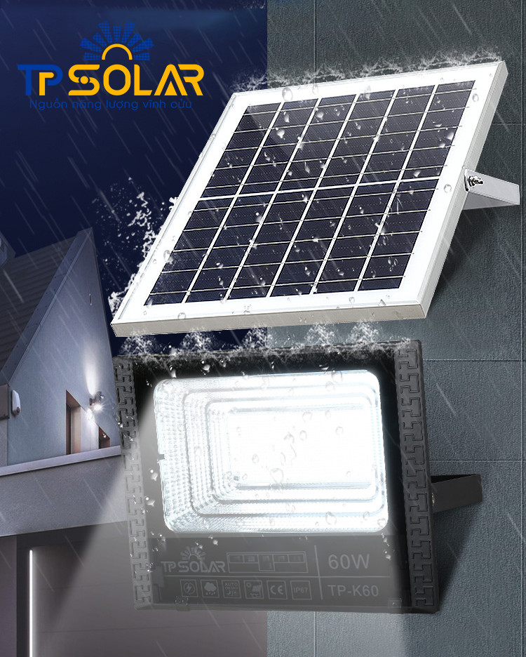 Đèn Pha Năng Lượng Mặt Trời TP Solar 60W TP-K60 Chống Nước IP67, Tiết Kiệm Điện Năng