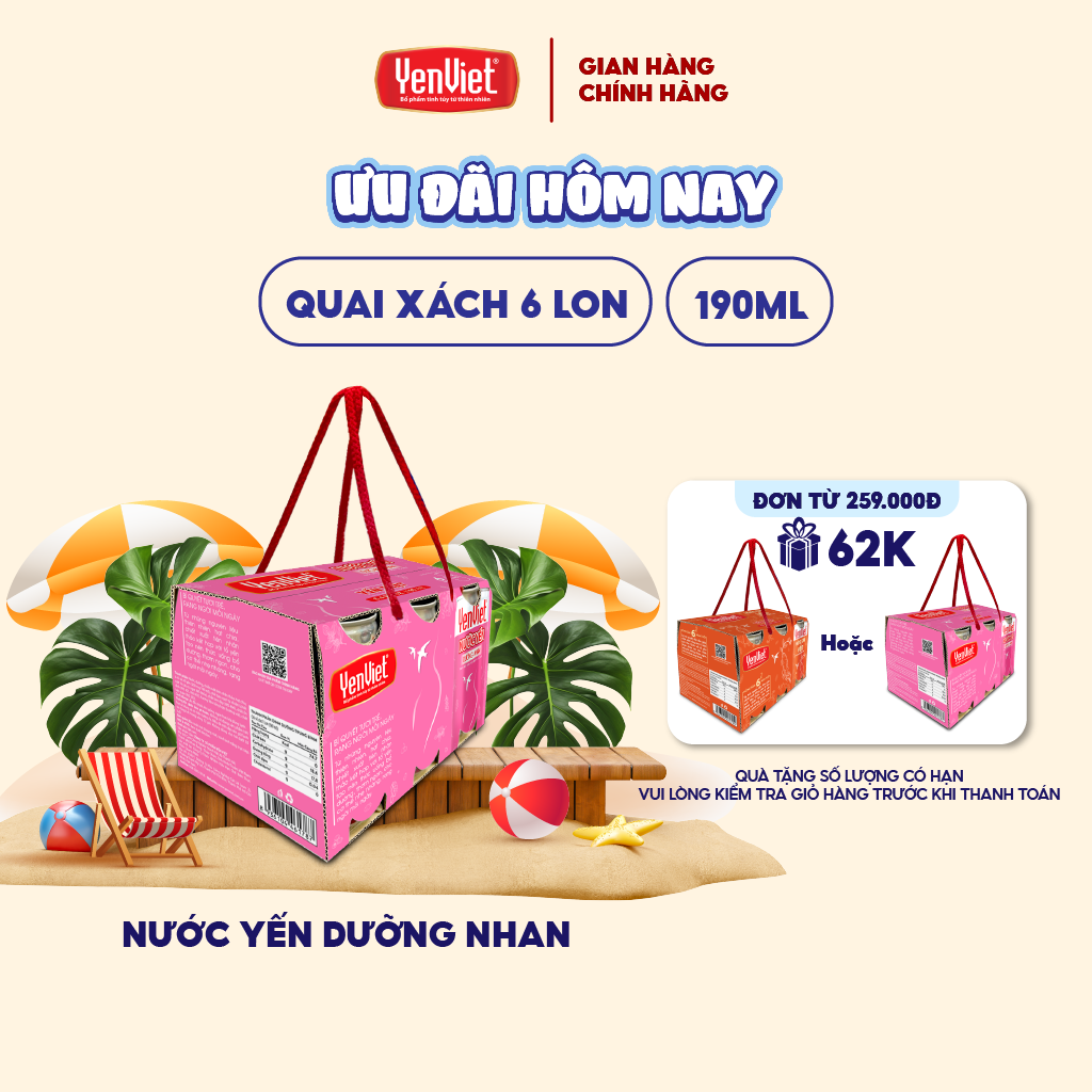 Nước yến dưỡng nhan Yến Việt, hạt chia, chiết xuất tiên nhân thảo, thanh mát, đẹp da quai xách 6 lonx190ml