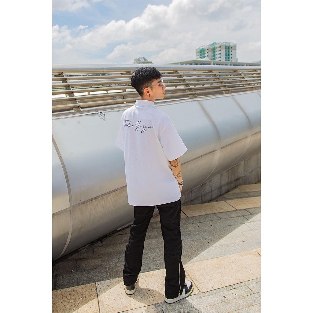 Áo Polo Unisex Form Rộng Thêu Logo TeeHolic Màu Trắng