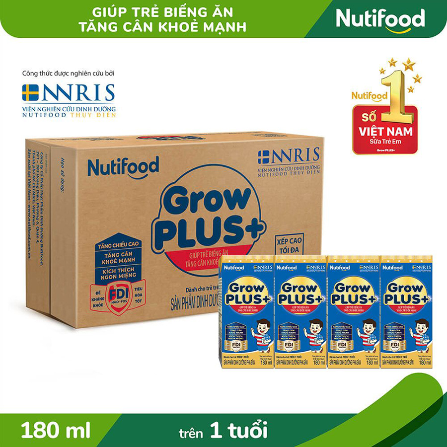 Thùng Sữa Bột Pha Sẵn Nutifood GrowPLUS+ Biếng Ăn 180ml -Trên 1 tuổi - Tăng Cân Khỏe Mạnh (48 Hộp x 180ml)