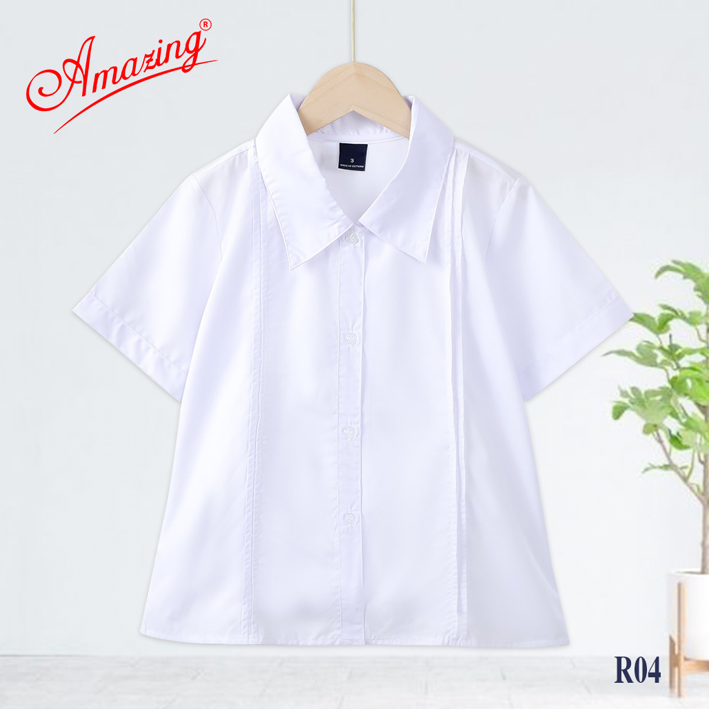 Áo sơ mi trắng cổ lá sen viền xanh cho bé gái đến trường, có size từ 25kg đến 70kg, Amazing