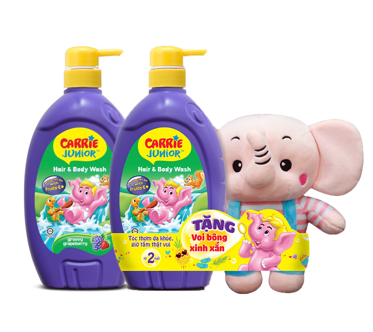 Combo 2 chai tắm gội toàn thân cho trẻ Carrie Junior Hương Grapeberry (700g*2)+ Tặng kèm 1 Voi bông xinh xắn