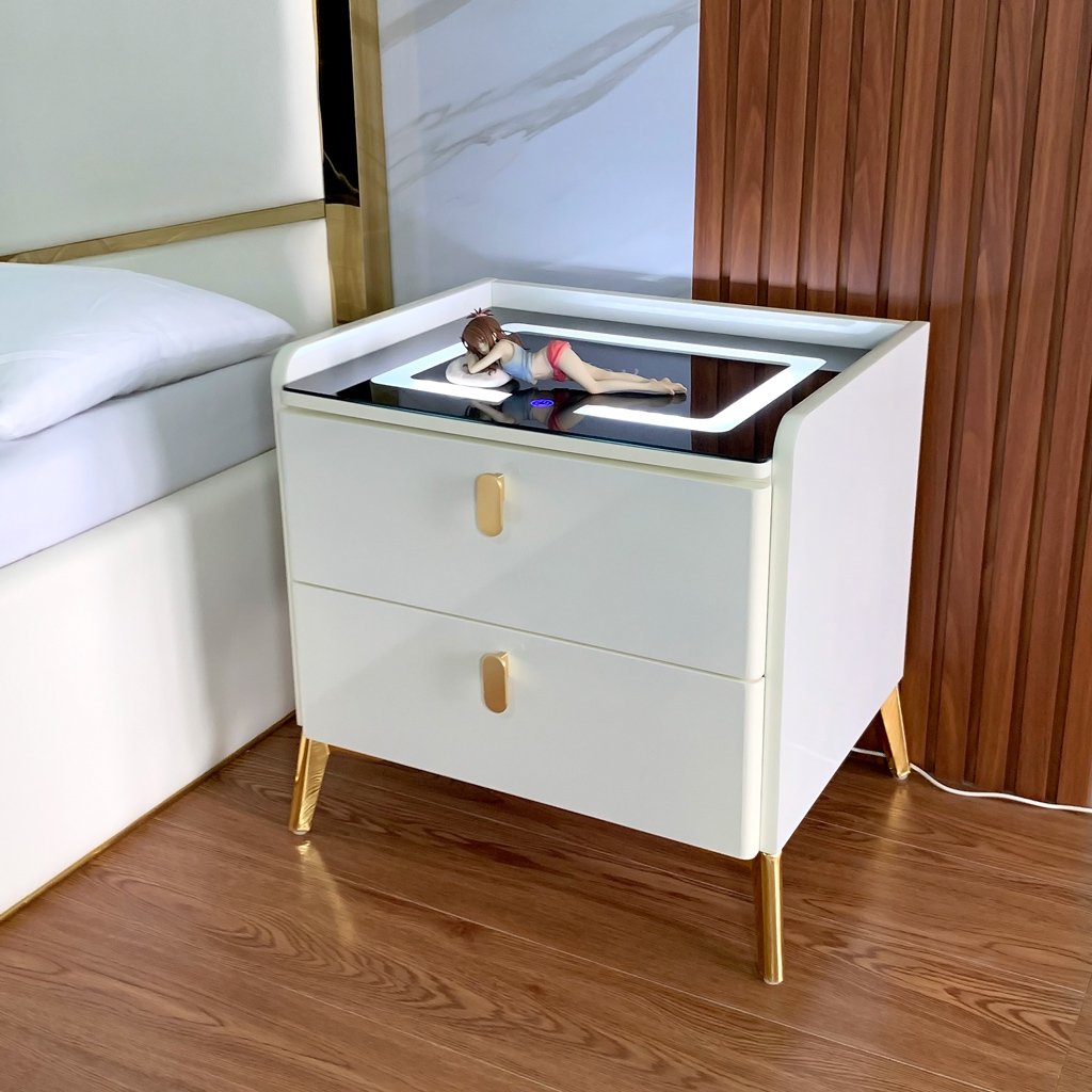 Tủ đầu giường thông minh, Tab đầu giường thông minh 2 ngăn có sạc đt không dây, Đèn Ngủ Led cảm ứng 3 chế độ sáng