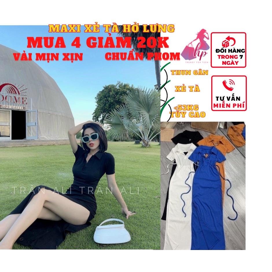 Váy đầm maxi dài nữ ôm bodycổ polo xẻ tà hở lưng đan dây tay tay ngắn thời trang dự tiệc sexy phong cách hàn-VD08