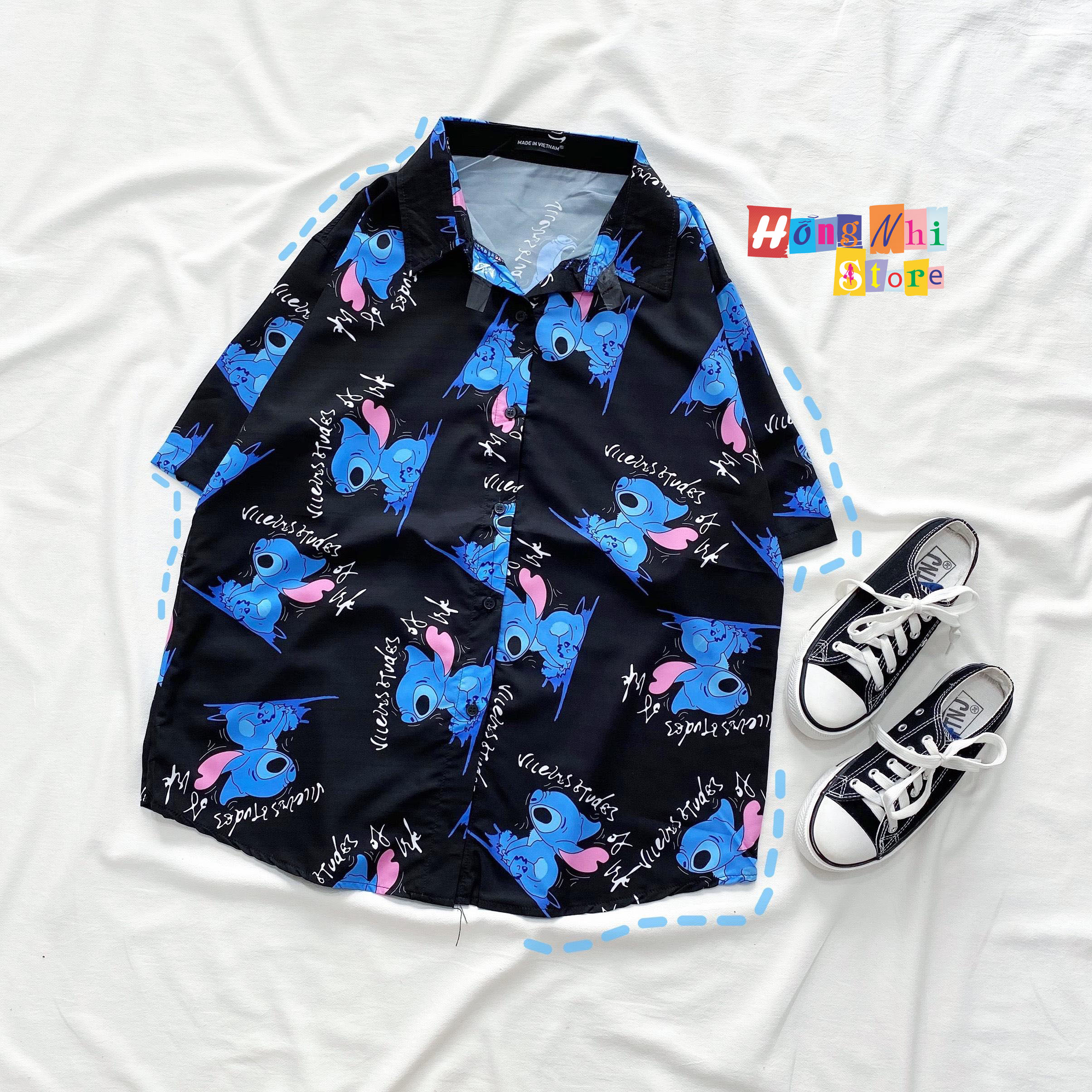 Áo Sơ Mi Hoạ Tiết Tay Lỡ Dáng Rộng, Sơ Mi Con Xanh Tay Lửng Unisex - MM