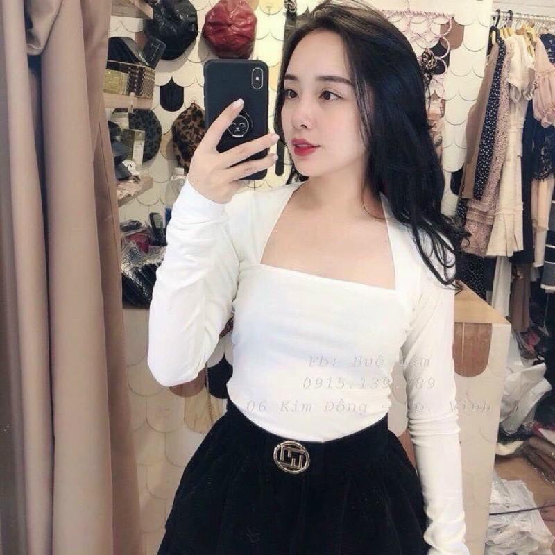 Áo croptop cổ vuông tay dài chất thun borip cao cấp -N