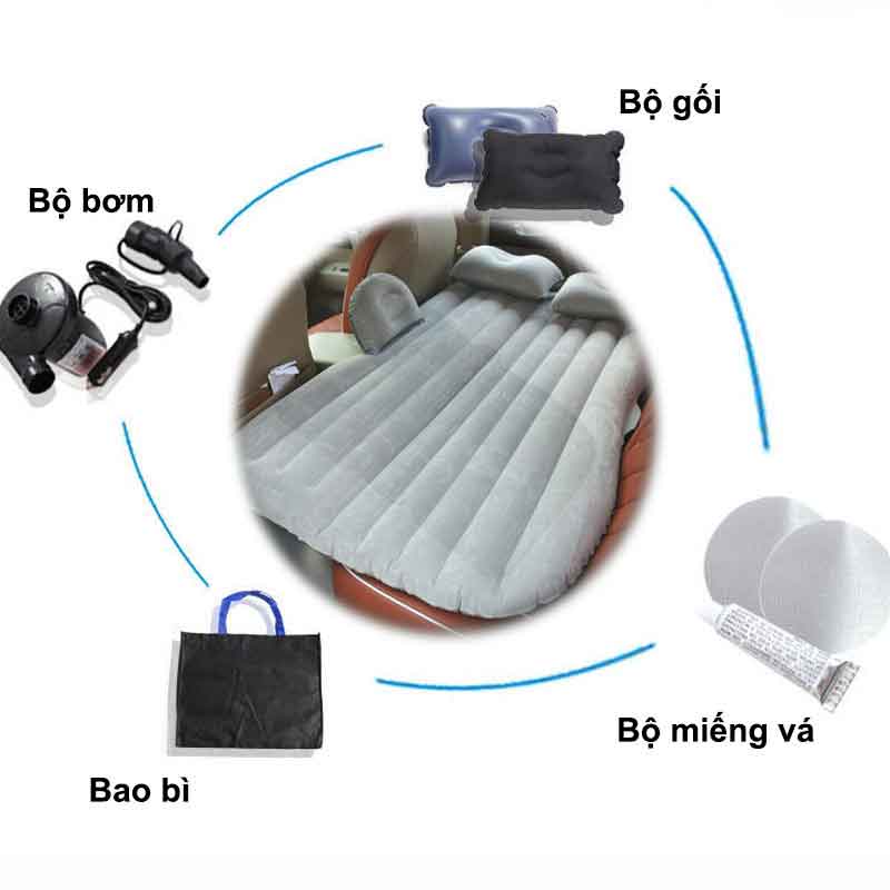 Đệm Hơi Nệm Hơi Lụa Trên Ô Tô Tặng Kèm 2 Gối Và Bơm 12V