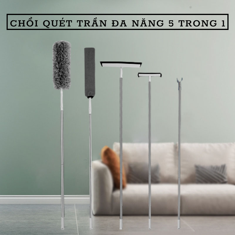 Chổi Quét Trần Nhà, Chổi Quét Mạng Nhện, Cây Phơi Quân Áo, Cây lau Kính 2 Mặt Đa Năng 5 Trong 1