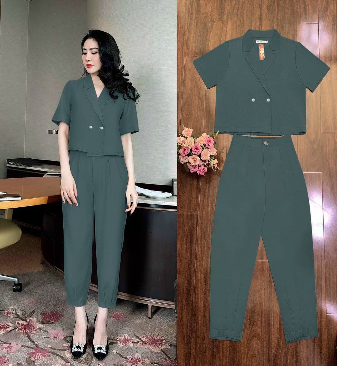 Sét nguyên bộ quần baggy xếp ly lưng thun áo vest croptop xinh xắn