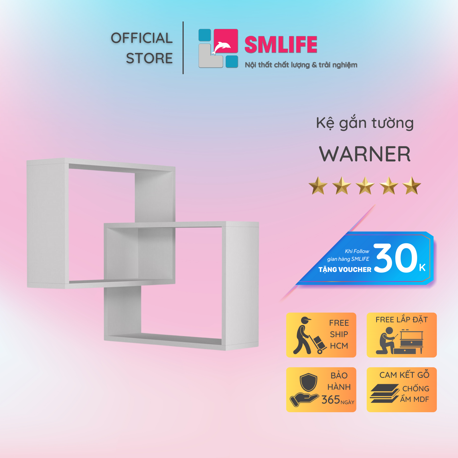 Kệ gỗ treo tường trang trí hiện đại SMLIFE Warner  | Gỗ MDF dày 17mm chống ẩm | D60xR60xC68cm - Màu