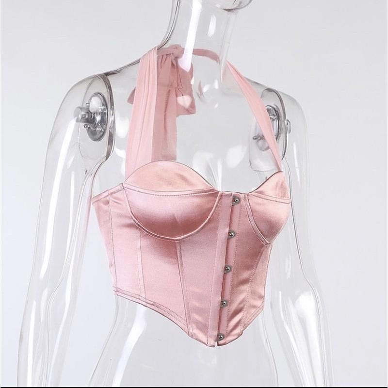 ÁO CORSET CỘT CỔ HỒNG ĐEN TRẮNG