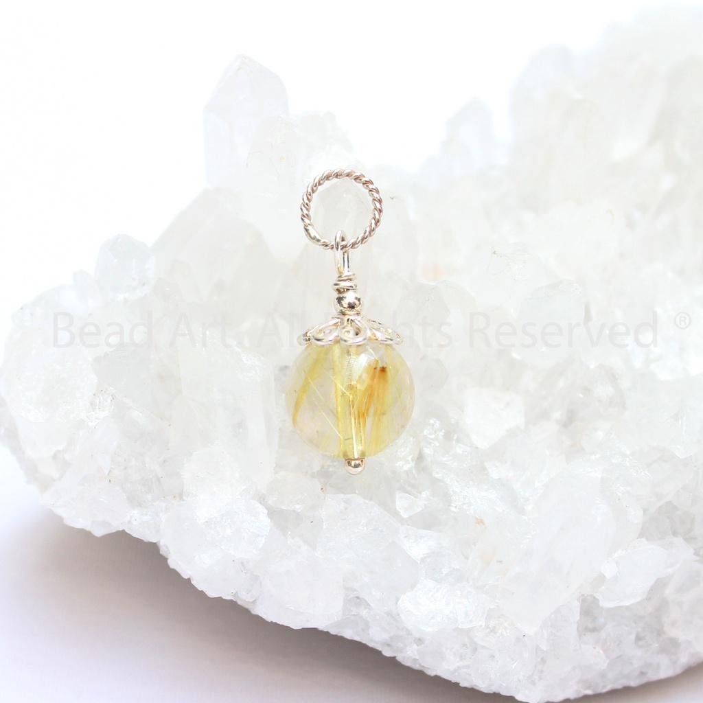 Mặt Dây Chuyền Thạch Anh Tóc Vàng Tự Nhiên 9mm Loại A, Trang Sức Đá Phong Thuỷ, Mệnh Thổ, Kim - Bead Art