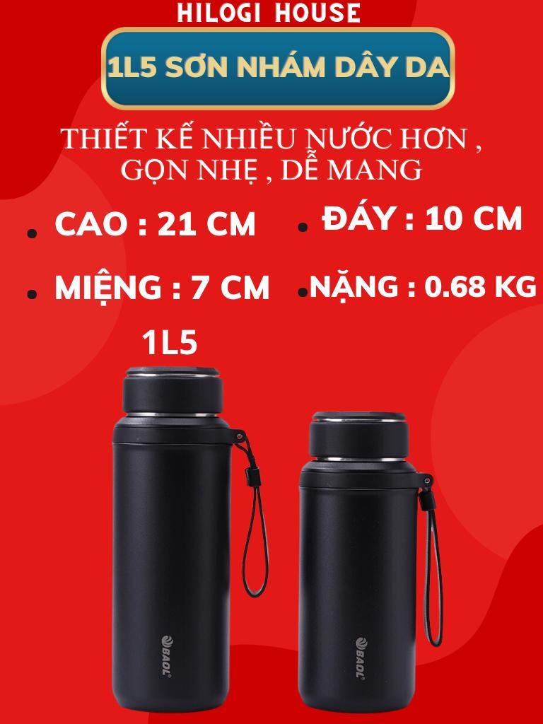 Bình giữ nhiệt 1500ml HiLOGI inox 304 ,bình nước nắp inox và dây xách bằng da, sơn nhám chống trầy, giữ lạnh 24 giờ