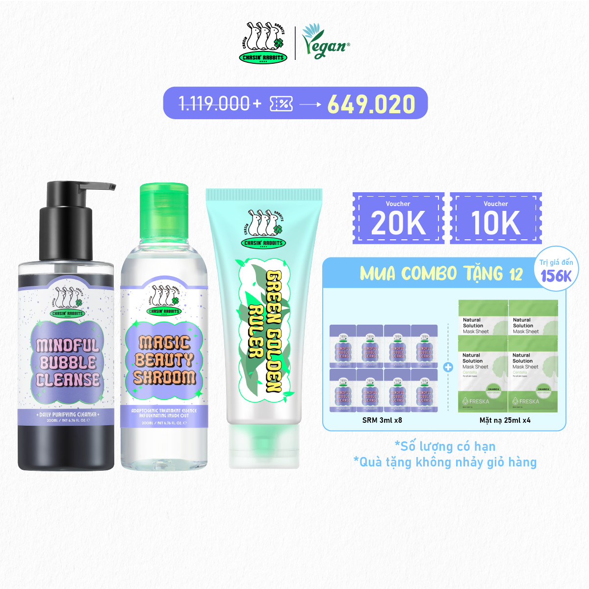 Combo Chasin' Rabbits Sữa Rửa Mặt Mindful Bubble Cleanse 200ml+ Tinh Chất 200ml Magic Beauty Shroom+ Kem dưỡng 100ml
