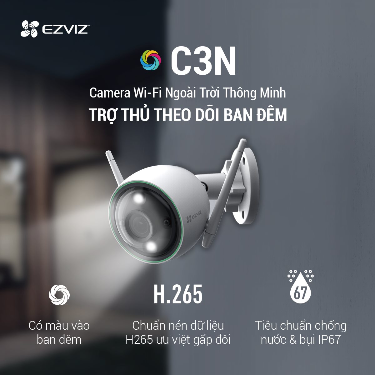 Combo Camera Wi-fi EZVIZ C3N 2MP Ngoài Trời, Có Màu, Kèm Thẻ Nhớ Kioxia 32GB/64GB - Hàng Chính Hãng