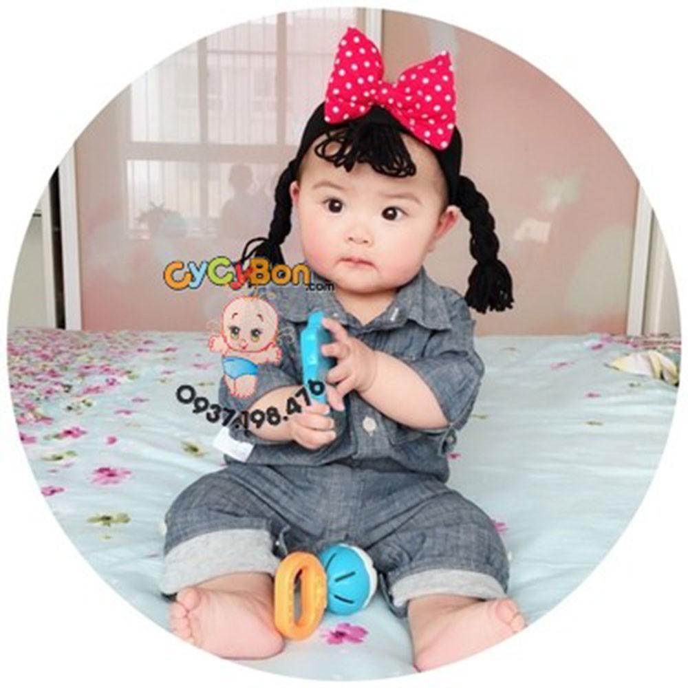 Băng Đô Len Nơ Đỏ Chấm Bi Tóc Giả Thắt Bím Hai Bên Kèm Mái Cho Bé