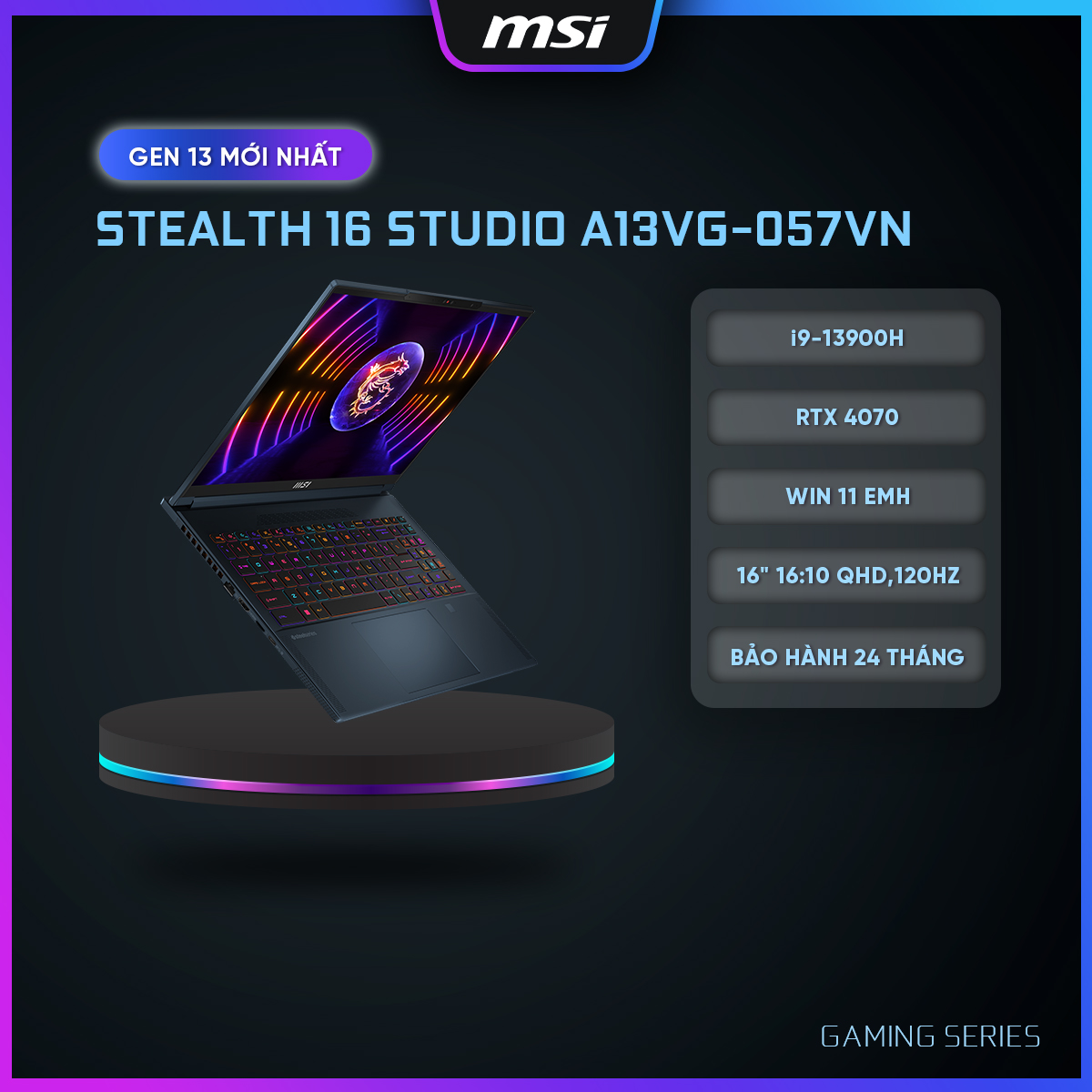 MSI Laptop Stealth 16 Studio A13VG-057VN|Intel i9-13900H|RTX 4070|Ram DDR5 32GB| 2TB SSD|16&quot; UHD,120Hz, 100% DCI-P3 [ Hàng chính hãng]