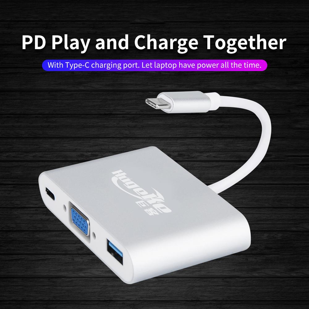 Bộ chuyển đổi Hugeke 3 in 1 Type-C Hub USB C to USB3.0 / VGA / Type-C 1080P thay thế cho Mac / Huawei / Samsung