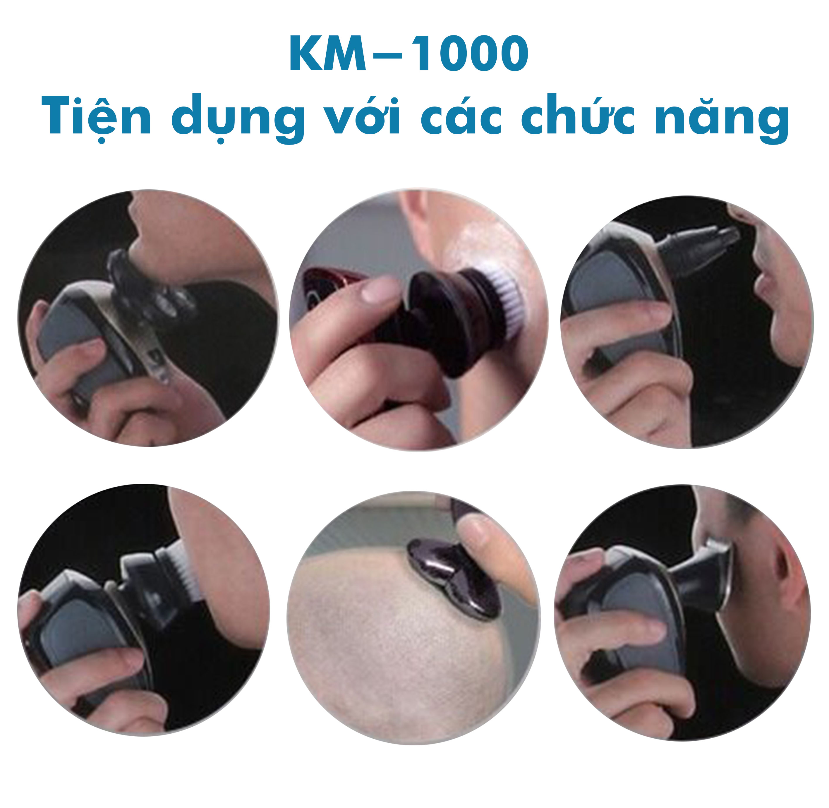 Máy cạo râu 5 in 1 Kemei KM-1000 đa năng chống thấm nước với 5 đầu thay thế chuyên dùng cạo râu, cạo đầu, cắt tóc, tạo kiểu, tỉa lông mũi, cọ rửa mặt, massage được thiết kế lưỡi thép không gỉ nhỏ gọn, tiện lợi TẶNG KÈM bộ kẹp cá sấu chia tóc 6 cái màu ngẫu nhiên