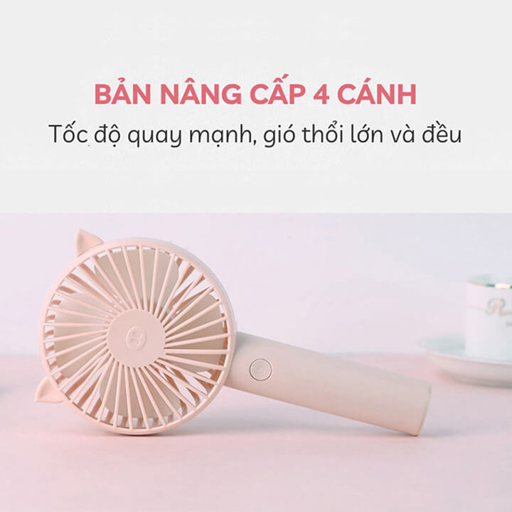 Quạt tích điện mini cầm tay để bàn 3 chế độ gió, quạt mini cầm tay 4 cánh sạc tích điện tai thú có chân đế để bàn - QUẠT SS2