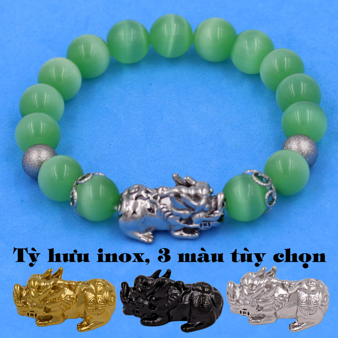 Vòng chuỗi đeo tay đá mắt mèo xanh lá charm tỳ hưu inox, bi inox, khía bông inox, vòng tay phong thuỷ