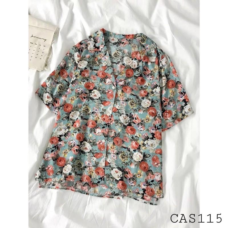 Áo sơmi cổ vest xanh hoa đỏ cao cấp