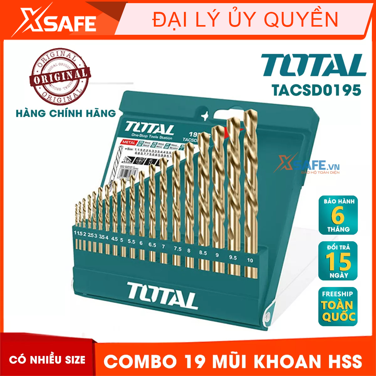 Combo 19 mũi khoan HSS TACSD0195 nhiều size hãng TOTAL chất liệu của mũi khoan là hợp kim thép loại tốt chuyên dụng