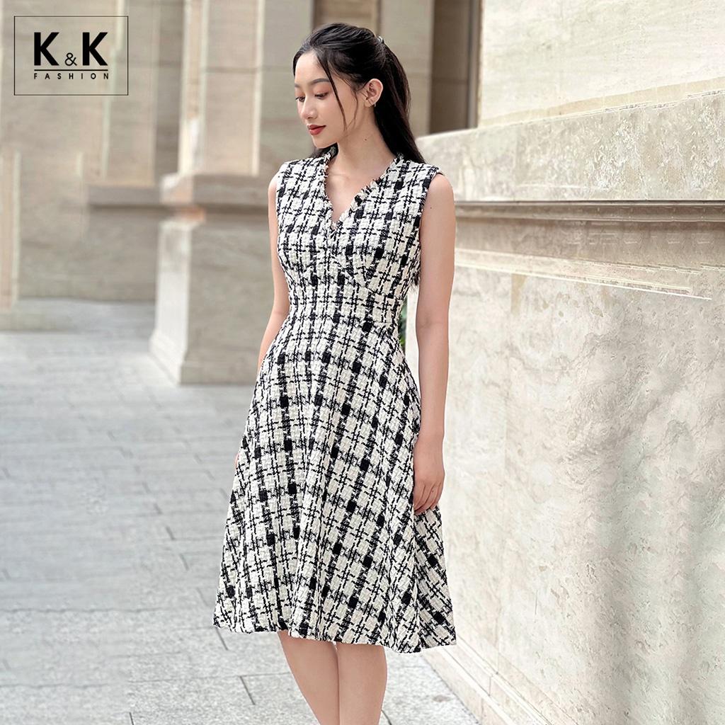 Đầm Xòe Cổ V Vải Tweed K&amp;K Fashion KK130-20 Sát Nách