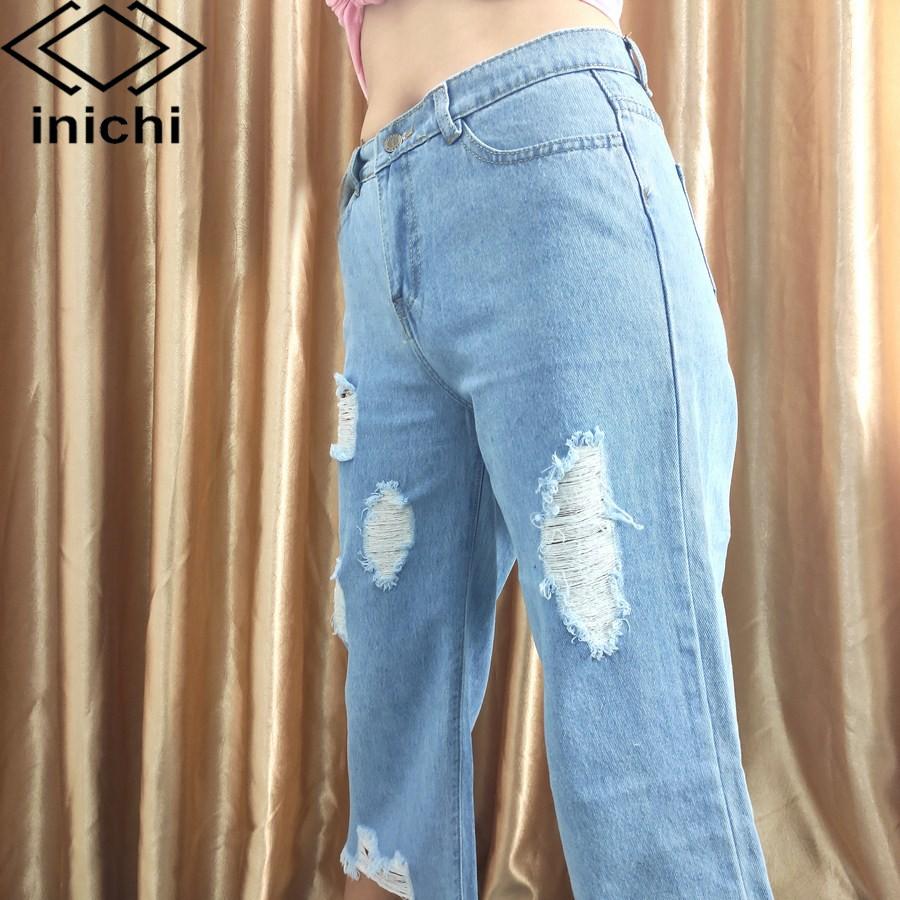 Quần baggy jean nữ Q702 xanh nhạt cạp cao kiểu rách form ống rộng INICHI Official