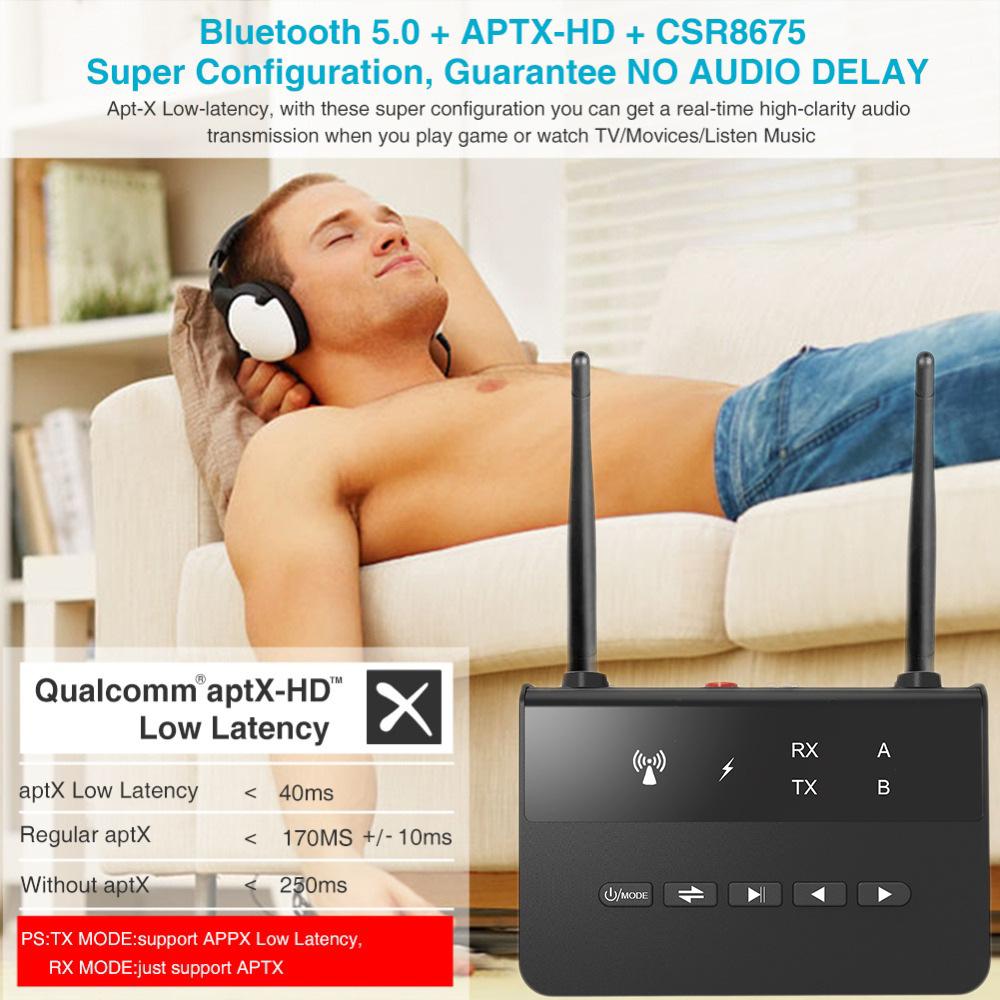 Máy phát TV Bluetooth - Máy phát âm thanh Bluetooth 5.2 với điều chỉnh âm lượng, bộ chuyển đổi Bluetooth cho TV/PC, APTX có độ trễ thấp, phạm vi Ultra -large, AUX/RCA/Optics