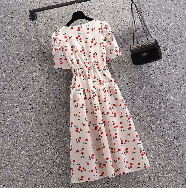 TOBE1SHOP Quần áo mùa hè 2023 Cherry in tay áo ngắn Vintage V cổ thắt lưng thiết kế cảm giác đầm cho phụ nữ