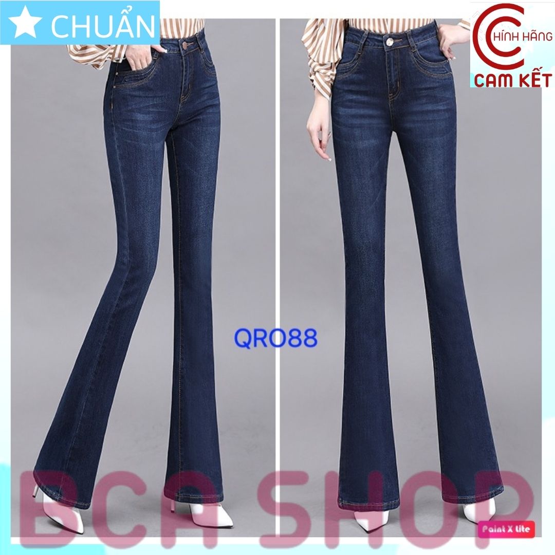 Quần jean nữ ống loe QRO88 ROSATA tại BCASHOP dáng dài có thêu dọc sườn, lưng cao 1 nút, phom chuẩn - xanh jean