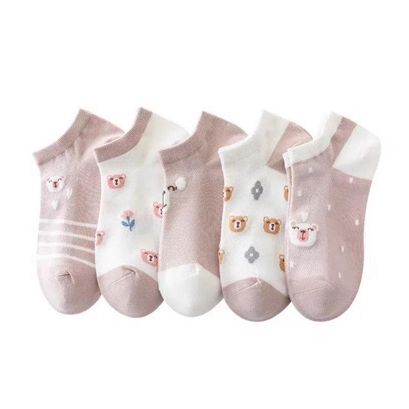 SET 10 ĐÔI TẤT VỚ CỔ THẤP NỮ COTTON HOẠ TIẾT CHÚ GẤU NÂU MÀU TÍM CUTE