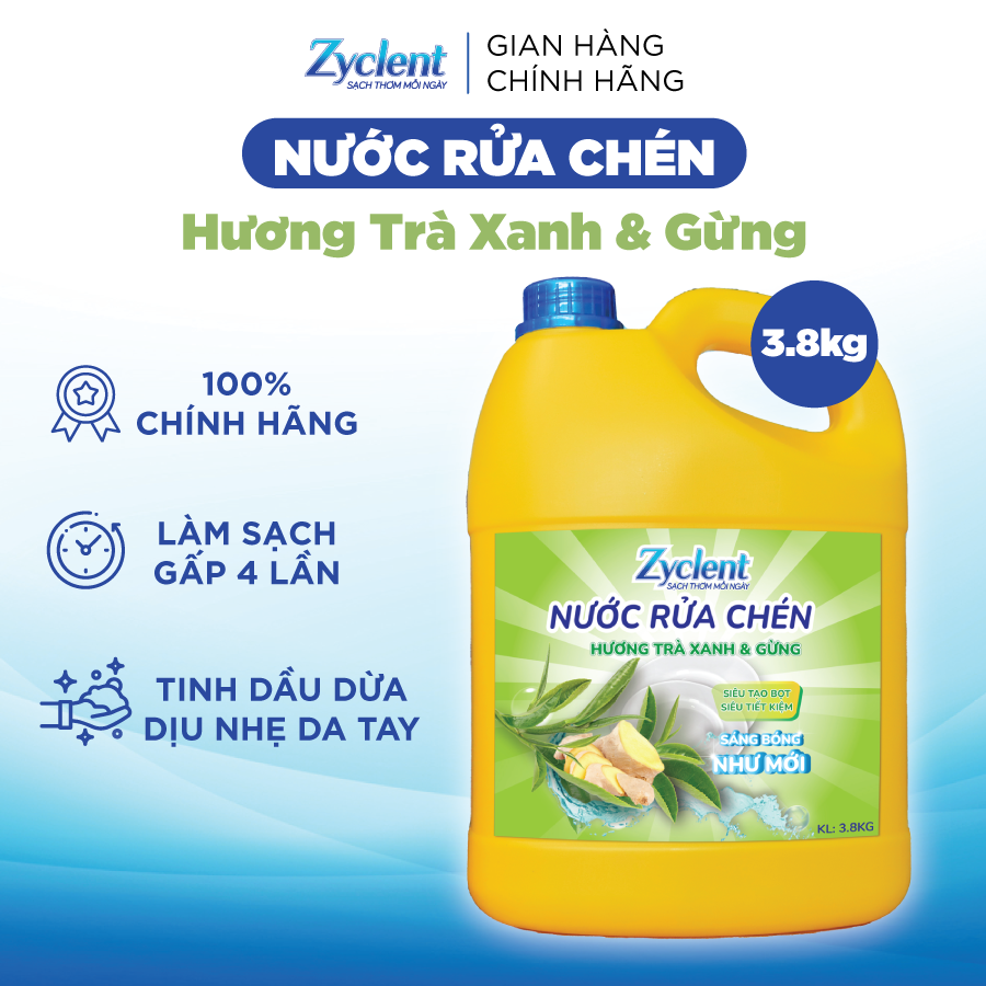 NƯỚC RỬA CHÉN ZYCLENT TRÀ XANH &amp; GỪNG - 3.8KG