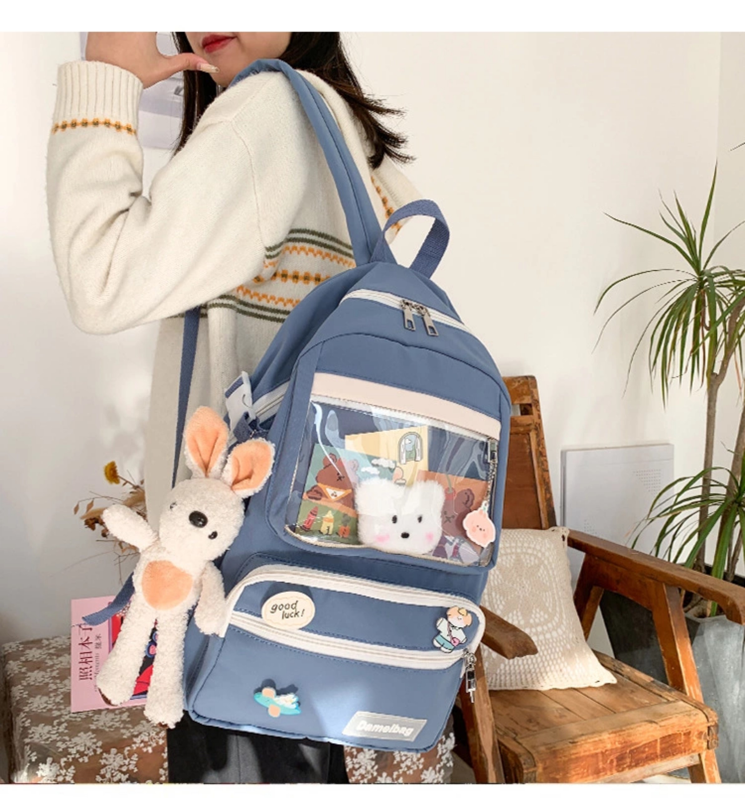 Balo phối màu dễ thương Dameibag cỡ lớn, nhiều ngăn đựng được a4, tặng mặt gấu cute và ảnh BL3308
