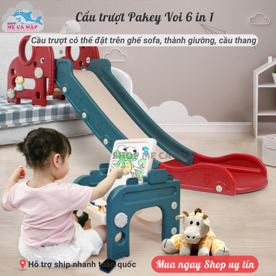 Cầu trượt cho bé PAKEY Hình Chú Voi Đa Năng 6 in 1 Hàng Cao Cấp, HÀNG SẴN KHO