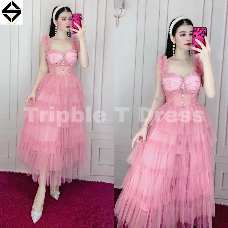 Đầm xoè dự tiệc xếp tầng kết cườm ngực cúp bra TRIPBLE T DRESS -Size M/L - MS160V