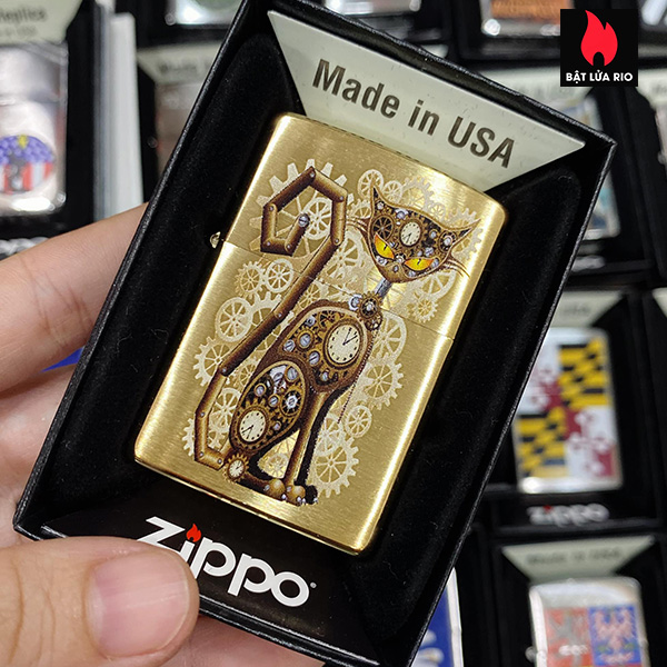 Bật Lửa Zippo 204B Steampunk Cat Brass Brush