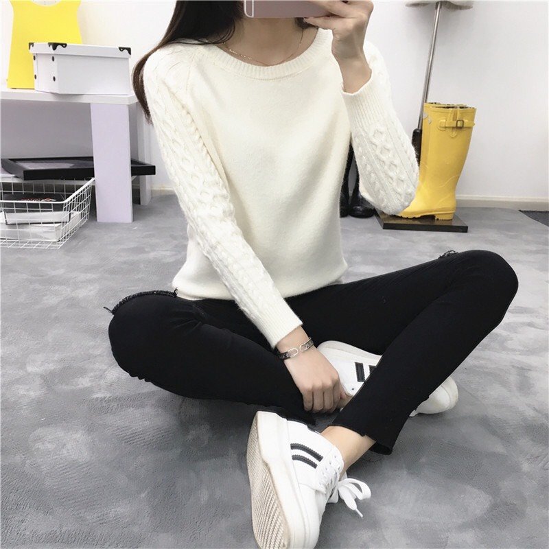 Áo len nữ len mềm mại cổ tròn phong cách Hàn Quốc