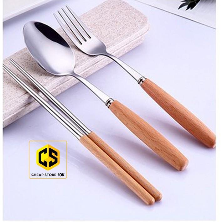 Bộ thìa dĩa đũa cán gỗ kèm hộp lúa mạch,