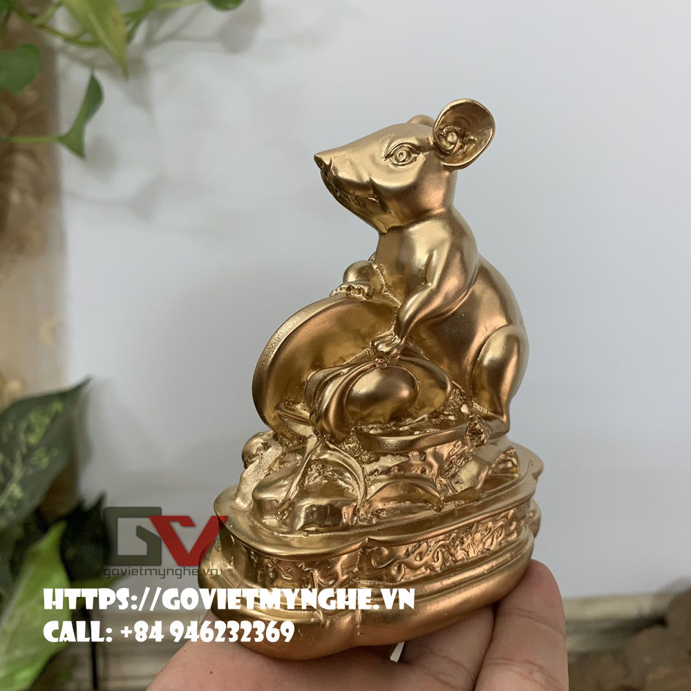 Tượng đá trang trí để bàn làm việc Chuột phong thủy - Màu nhũ vàng - Cao 11cm