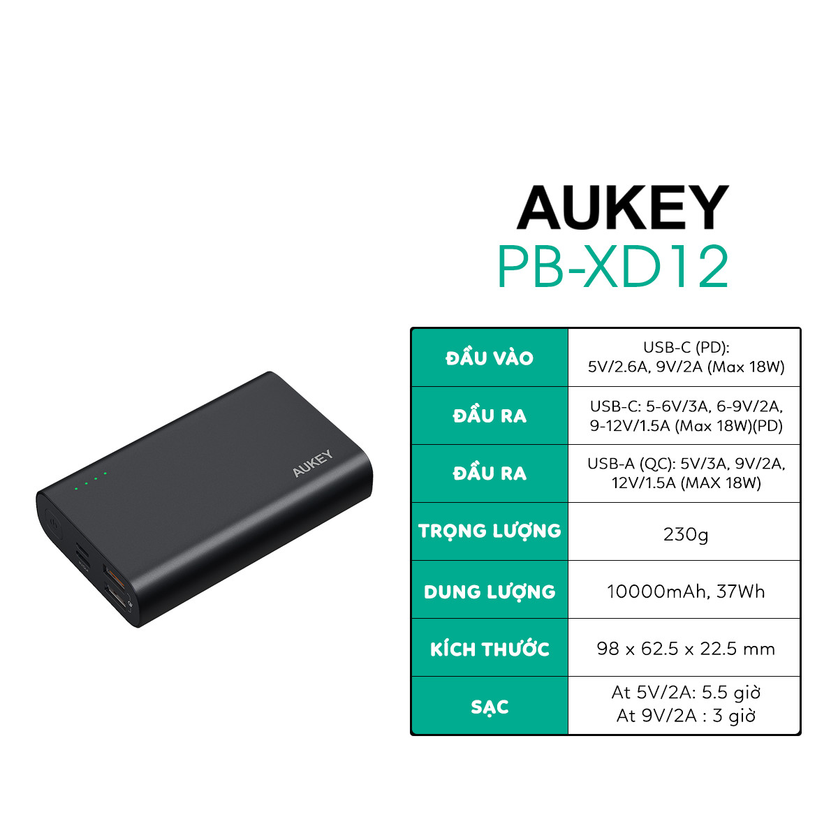 Pin Sạc Dự Phòng 10000mAh Aukey PB-XD12 Sạc Nhanh Quick Charge 3.0 Power Delivery 2 Chiều Công Suất 18W - Hàng Chính Hãng