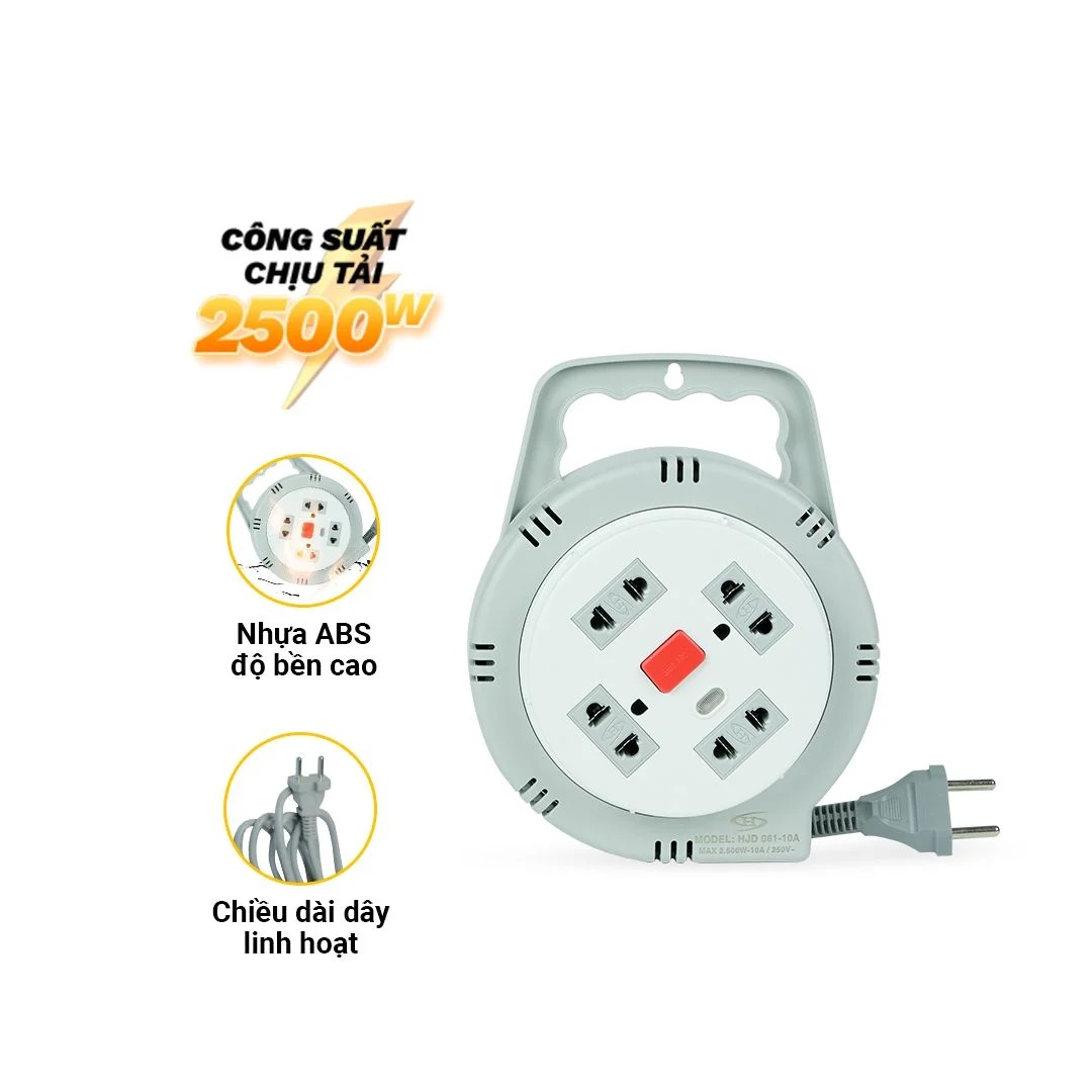 Ổ Cắm Điện Tròn Xoay Tay Honjianda HJD-081-10A Chiều Dài Dây 5M Công Suất Tối Đa Max 2500W 250V - 10A - Hàng Chính Hãng