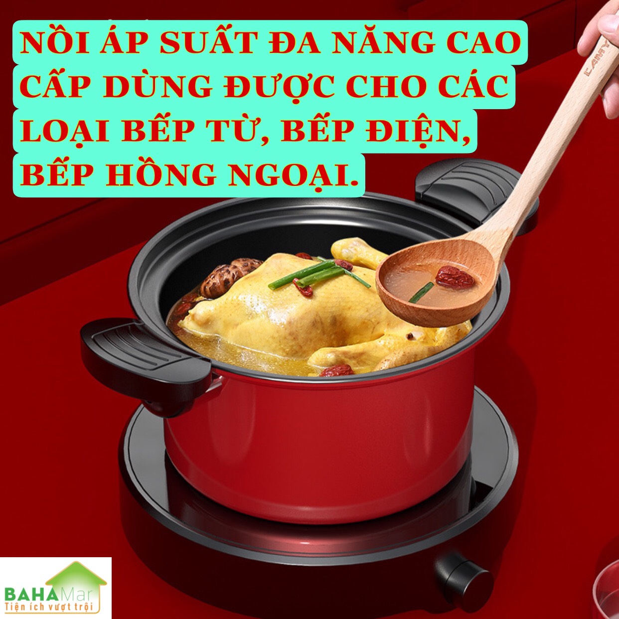 NỒI ÁP SUẤT ĐA NĂNG CAO CẤP DÙNG ĐƯỢC CHO CÁC LOẠI BẾP TỪ, BẾP ĐIỆN, BẾP HỒNG NGOẠI "BAHAMAR" Dẫn điện tốt cảm ứng nhiệt nhanh tạo áp xuất thủy lực giúp ăn chín nhanh hơn gấp 5 lần khi sử dụng nồi thông thường